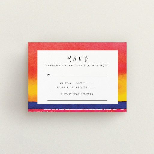 Wedding RSVP Card Design Design - "Setting Sun" A wedding rsvp card template titled "Setting Sun". It is an A7 card in a landscape orientation. "Setting Sun" is available as a flat card, with tones of red, yellow and navy blue.