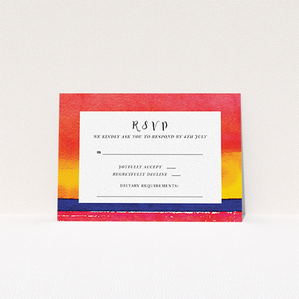 A wedding rsvp card template titled "Setting Sun". It is an A7 card in a landscape orientation. "Setting Sun" is available as a flat card, with tones of red, yellow and navy blue.