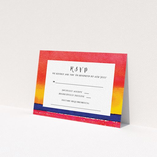 A wedding rsvp card template titled 'Setting Sun'. It is an A7 card in a landscape orientation. 'Setting Sun' is available as a flat card, with tones of red, yellow and navy blue.