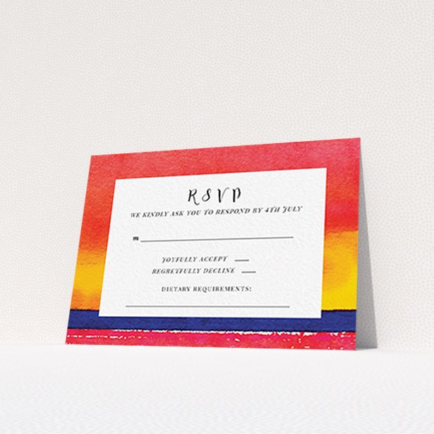 A wedding rsvp card template titled "Setting Sun". It is an A7 card in a landscape orientation. "Setting Sun" is available as a flat card, with tones of red, yellow and navy blue.