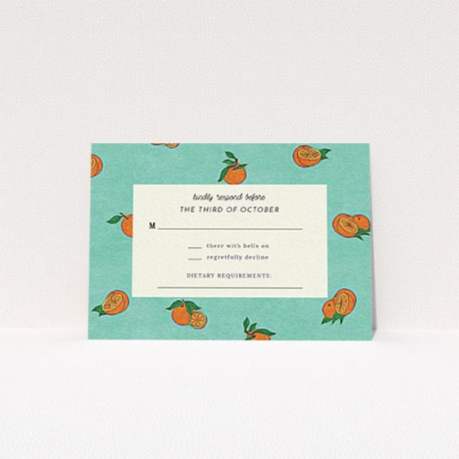 A wedding rsvp card design named "Seville". It is an A7 card in a landscape orientation. "Seville" is available as a flat card, with tones of orange and blue.