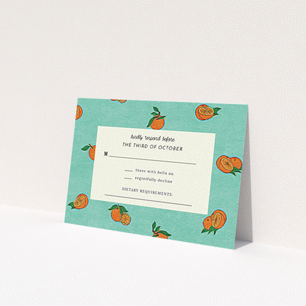 A wedding rsvp card design named 'Seville'. It is an A7 card in a landscape orientation. 'Seville' is available as a flat card, with tones of orange and blue.