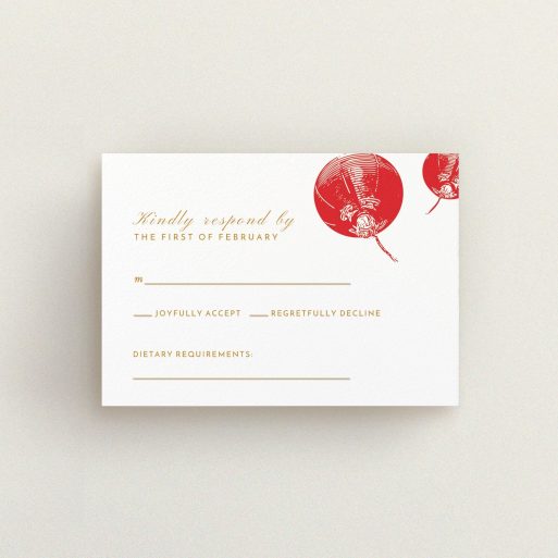 A wedding rsvp card called "Shanghai Nights". It is an A7 card in a landscape orientation. "Shanghai Nights" is available as a flat card, with tones of red and gold.