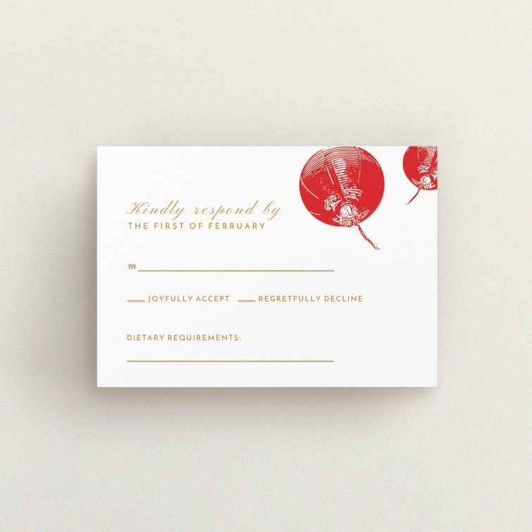 A wedding rsvp card called "Shanghai Nights". It is an A7 card in a landscape orientation. "Shanghai Nights" is available as a flat card, with tones of red and gold.