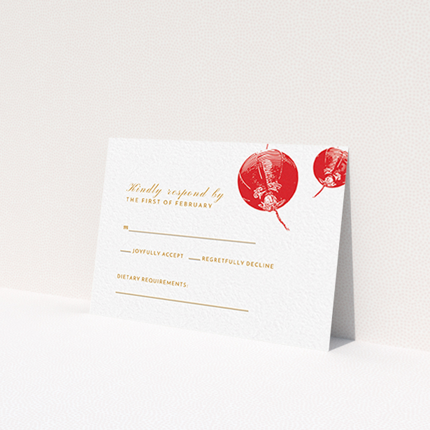 A wedding rsvp card called 'Shanghai Nights'. It is an A7 card in a landscape orientation. 'Shanghai Nights' is available as a flat card, with tones of red and gold.