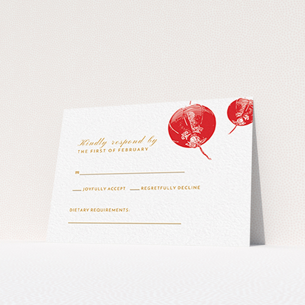 A wedding rsvp card called "Shanghai Nights". It is an A7 card in a landscape orientation. "Shanghai Nights" is available as a flat card, with tones of red and gold.