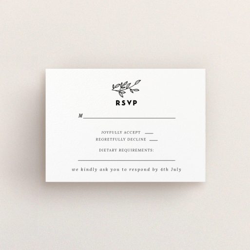 Wedding RSVP Card Design Design - "Simple Wreath" A wedding rsvp card called "Simple Wreath". It is an A7 card in a landscape orientation. "Simple Wreath" is available as a flat card, with tones of black and white.