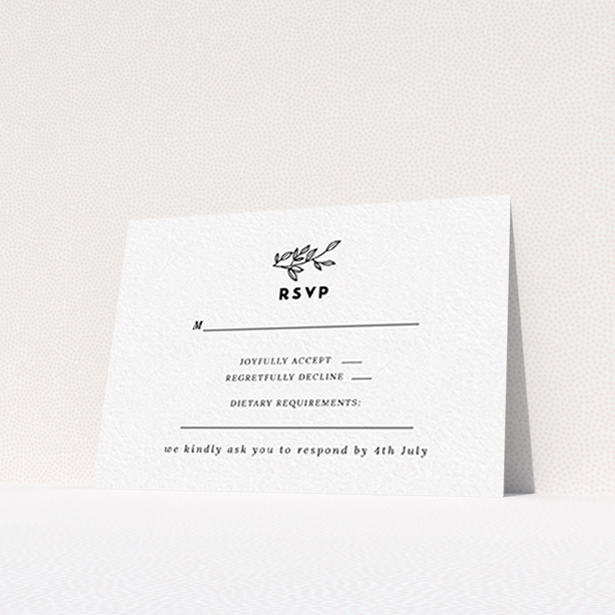 A wedding rsvp card called "Simple Wreath". It is an A7 card in a landscape orientation. "Simple Wreath" is available as a flat card, with tones of black and white.