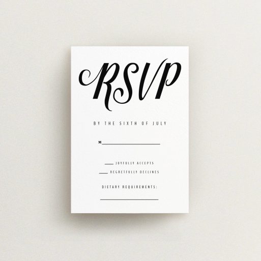 Wedding RSVP Card Design Design - "Slant Typography Black" A wedding rsvp card named "Slant Typography Black". It is an A7 card in a portrait orientation. "Slant Typography Black" is available as a flat card, with tones of black and white.