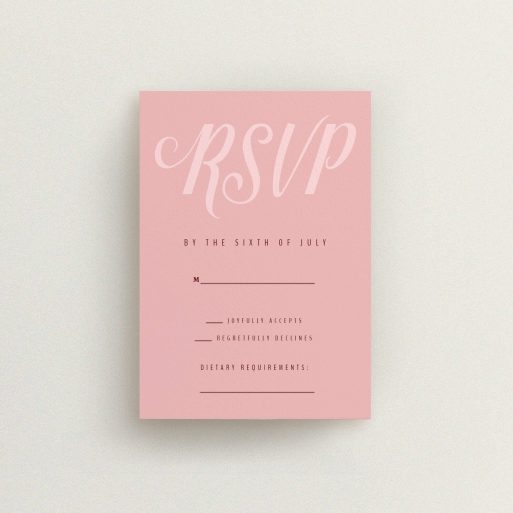 Wedding RSVP Card Design Design - "Slant Typography Pastel pink" A wedding rsvp card design called "Slant Typography Pastel pink". It is an A7 card in a portrait orientation. "Slant Typography Pastel pink" is available as a flat card, with mainly pink colouring.