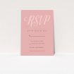 A wedding rsvp card design called "Slant Typography Pastel pink". It is an A7 card in a portrait orientation. "Slant Typography Pastel pink" is available as a flat card, with mainly pink colouring.
