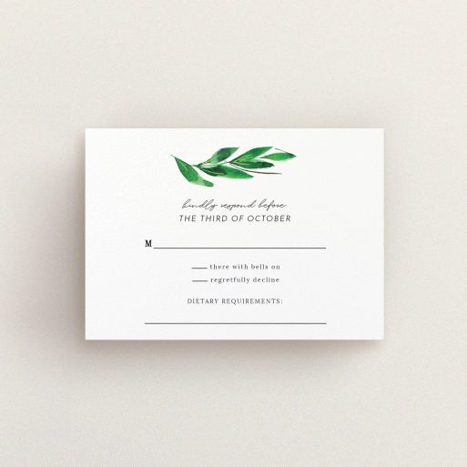 Wedding RSVP Card Design Design - "Summer Whirl Wreath" A wedding rsvp card template titled "Summer Whirl Wreath". It is an A7 card in a landscape orientation. "Summer Whirl Wreath" is available as a flat card, with tones of green and white.