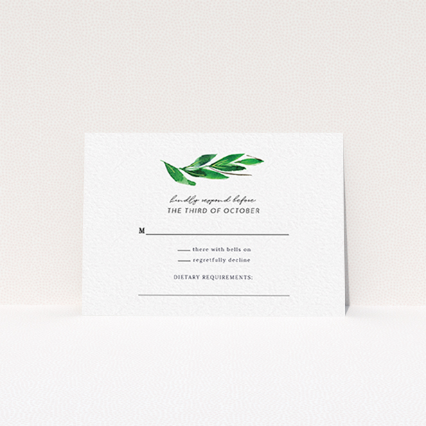 A wedding rsvp card template titled "Summer Whirl Wreath". It is an A7 card in a landscape orientation. "Summer Whirl Wreath" is available as a flat card, with tones of green and white.