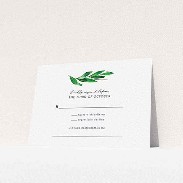 A wedding rsvp card template titled "Summer Whirl Wreath". It is an A7 card in a landscape orientation. "Summer Whirl Wreath" is available as a flat card, with tones of green and white.