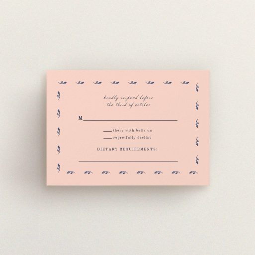Wedding RSVP Card Design Design - "Swimming in the garden" A wedding rsvp card named "Swimming in the garden". It is an A7 card in a landscape orientation. "Swimming in the garden" is available as a flat card, with tones of dark pink and blue.