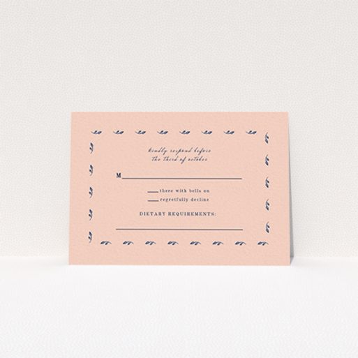 A wedding rsvp card named "Swimming in the garden". It is an A7 card in a landscape orientation. "Swimming in the garden" is available as a flat card, with tones of dark pink and blue.