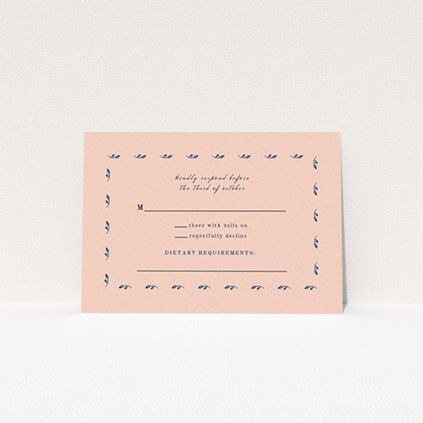 A wedding rsvp card named "Swimming in the garden". It is an A7 card in a landscape orientation. "Swimming in the garden" is available as a flat card, with tones of dark pink and blue.