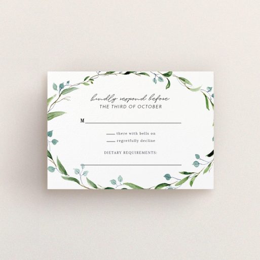 Wedding RSVP Card Design Design - "Thin Watercolour Wreath" A wedding rsvp card named "Thin Watercolour Wreath". It is an A7 card in a landscape orientation. "Thin Watercolour Wreath" is available as a flat card, with tones of blue and green.