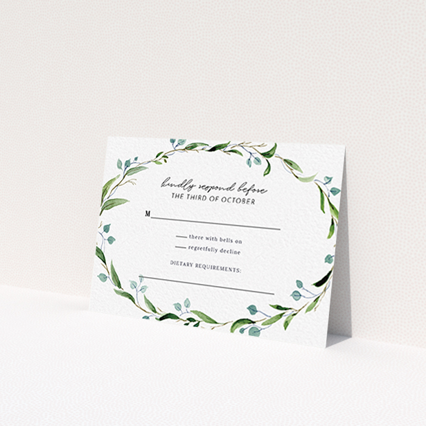 A wedding rsvp card named "Thin Watercolour Wreath". It is an A7 card in a landscape orientation. "Thin Watercolour Wreath" is available as a flat card, with tones of blue and green.