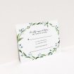 A wedding rsvp card named "Thin Watercolour Wreath". It is an A7 card in a landscape orientation. "Thin Watercolour Wreath" is available as a flat card, with tones of blue and green.
