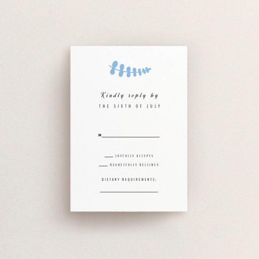 Wedding RSVP Card Design Design - "Us and blossom" A wedding rsvp card named "Us and blossom". It is an A7 card in a portrait orientation. "Us and blossom" is available as a flat card, with tones of white and blue.