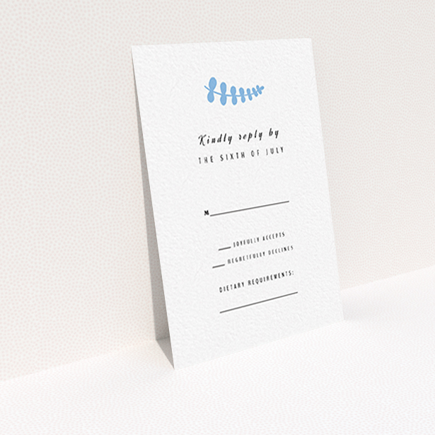 A wedding rsvp card named "Us and blossom". It is an A7 card in a portrait orientation. "Us and blossom" is available as a flat card, with tones of white and blue.