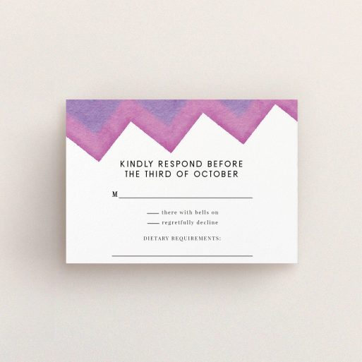 Wedding RSVP Card Design Design - "Vibrant Peaks" A wedding rsvp card design named "Vibrant Peaks". It is an A7 card in a landscape orientation. "Vibrant Peaks" is available as a flat card, with tones of white, dark pink and purple.