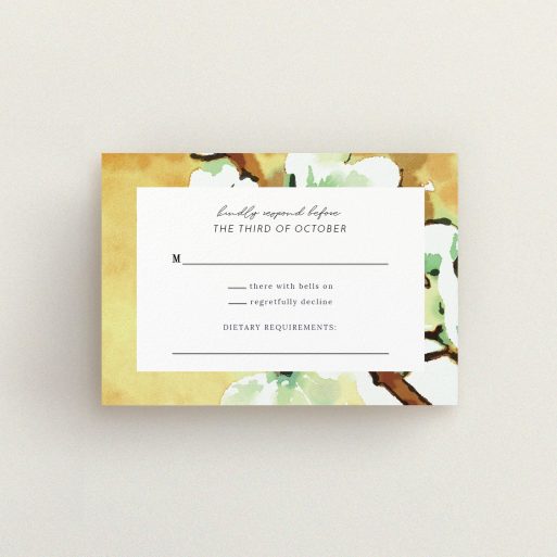 Wedding RSVP Card Design Design - "Vintage Blossom" A wedding rsvp card design named "Vintage Blossom". It is an A7 card in a landscape orientation. "Vintage Blossom" is available as a flat card, with tones of deep orange, mint green and white.