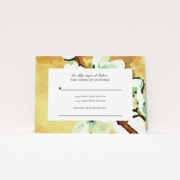 A wedding rsvp card design named "Vintage Blossom". It is an A7 card in a landscape orientation. "Vintage Blossom" is available as a flat card, with tones of deep orange, mint green and white.