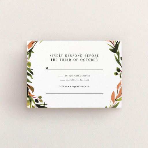 Wedding RSVP Card Design Design - "Watercolour Olive Wreath" A wedding rsvp card design named "Watercolour Olive Wreath". It is an A7 card in a landscape orientation. "Watercolour Olive Wreath" is available as a flat card, with tones of green, dark green and terracotta.