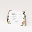A wedding rsvp card design named "Watercolour Olive Wreath". It is an A7 card in a landscape orientation. "Watercolour Olive Wreath" is available as a flat card, with tones of green, dark green and terracotta.