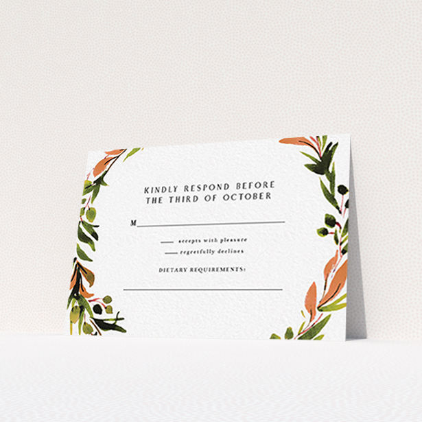 A wedding rsvp card design named "Watercolour Olive Wreath". It is an A7 card in a landscape orientation. "Watercolour Olive Wreath" is available as a flat card, with tones of green, dark green and terracotta.
