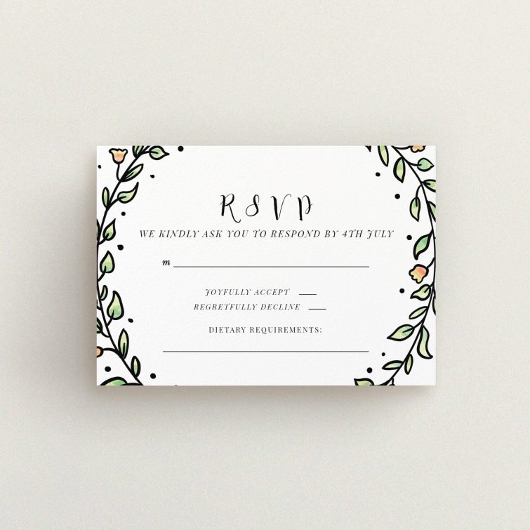 A wedding rsvp card design called "Wreath Outline". It is an A7 card in a landscape orientation. "Wreath Outline" is available as a flat card, with tones of green, red and yellow.
