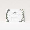 A wedding rsvp card design called "Wreath Outline". It is an A7 card in a landscape orientation. "Wreath Outline" is available as a flat card, with tones of green, red and yellow.