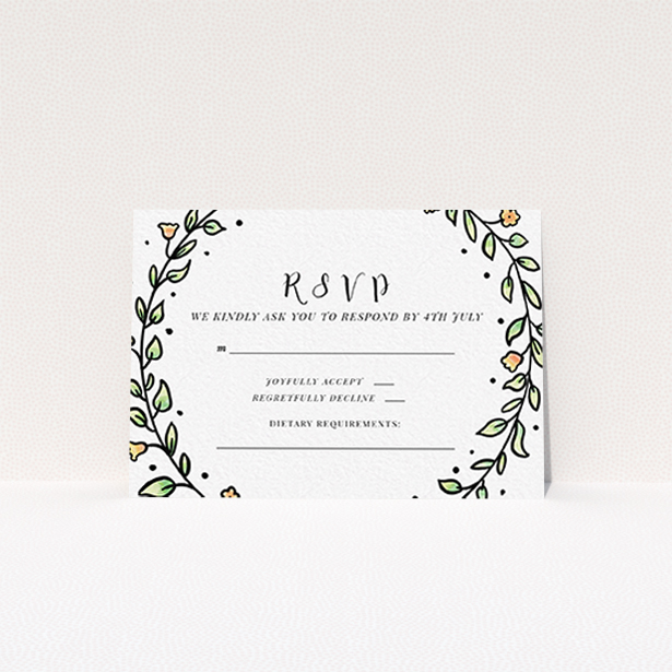A wedding rsvp card design called "Wreath Outline". It is an A7 card in a landscape orientation. "Wreath Outline" is available as a flat card, with tones of green, red and yellow.