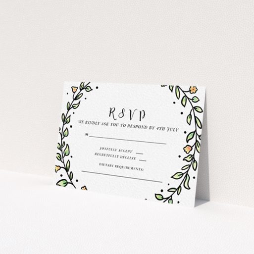 A wedding rsvp card design called 'Wreath Outline'. It is an A7 card in a landscape orientation. 'Wreath Outline' is available as a flat card, with tones of green, red and yellow.