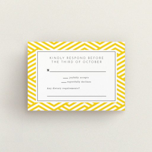 A wedding rsvp card called "Yellow lines". It is an A7 card in a landscape orientation. "Yellow lines" is available as a flat card, with tones of yellow and white.