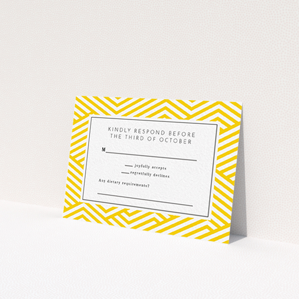 A wedding rsvp card called 'Yellow lines'. It is an A7 card in a landscape orientation. 'Yellow lines' is available as a flat card, with tones of yellow and white.