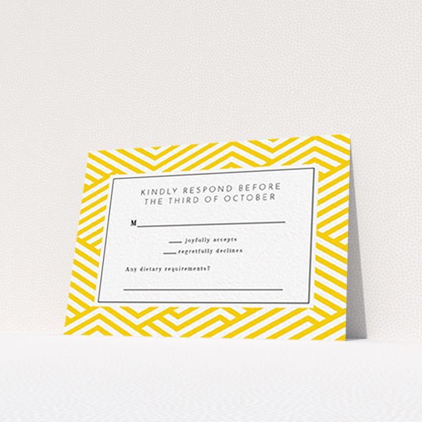 A wedding rsvp card called "Yellow lines". It is an A7 card in a landscape orientation. "Yellow lines" is available as a flat card, with tones of yellow and white.