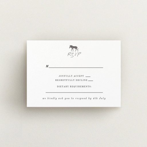 Wedding RSVP Card Design Design - "Zebra crossing" A wedding rsvp card design titled "Zebra crossing". It is an A7 card in a landscape orientation. "Zebra crossing" is available as a flat card, with tones of black and white.