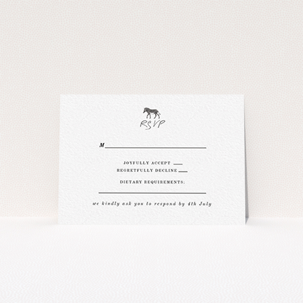 A wedding rsvp card design titled "Zebra crossing". It is an A7 card in a landscape orientation. "Zebra crossing" is available as a flat card, with tones of black and white.