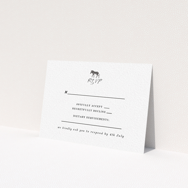 A wedding rsvp card design titled 'Zebra crossing'. It is an A7 card in a landscape orientation. 'Zebra crossing' is available as a flat card, with tones of black and white.