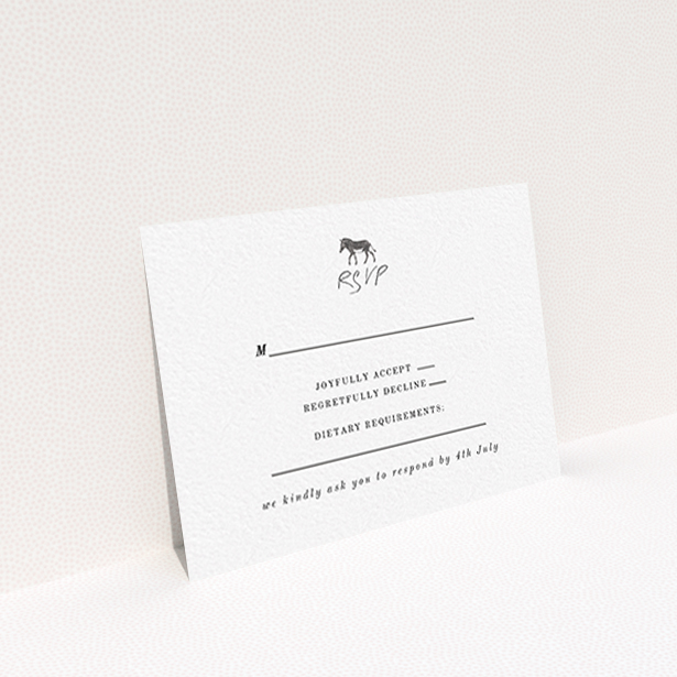 A wedding rsvp card design titled "Zebra crossing". It is an A7 card in a landscape orientation. "Zebra crossing" is available as a flat card, with tones of black and white.