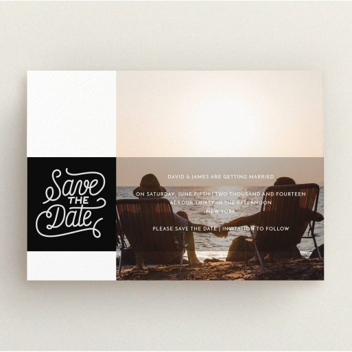 A wedding save the date design titled "2 Shades of Grey Typography". It is an A5 save the date in a landscape orientation. It is a photographic wedding save the date with room for 1 photo. "2 Shades of Grey Typography" is available as a flat save the date, with tones of black and white.