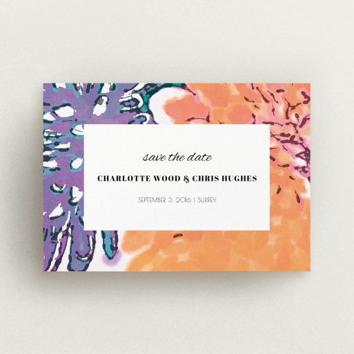 A wedding save the date named "A delivery of spring". It is an A6 save the date in a landscape orientation. "A delivery of spring" is available as a flat save the date, with tones of orange, purple and lilac.