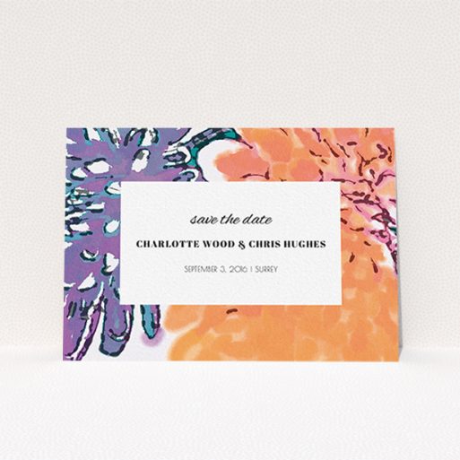A wedding save the date named "A delivery of spring". It is an A6 save the date in a landscape orientation. "A delivery of spring" is available as a flat save the date, with tones of orange, purple and lilac.