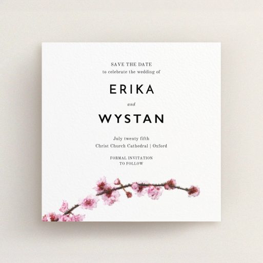 A wedding save the date called "A side of Blossom". It is a square (148mm x 148mm) save the date in a square orientation. "A side of Blossom" is available as a flat save the date, with tones of pink and brown.