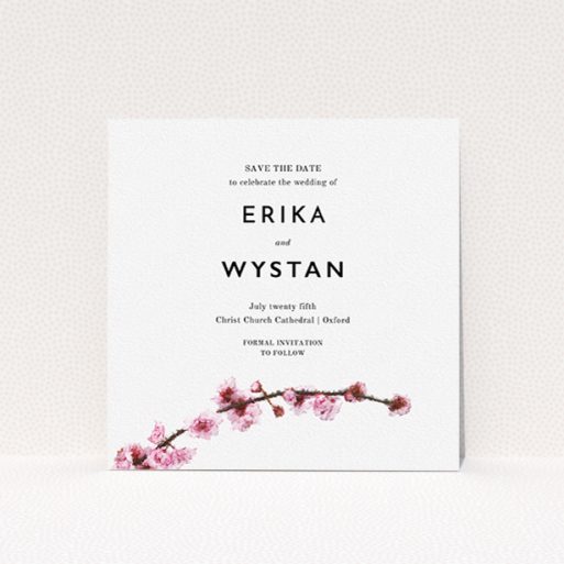 A wedding save the date called "A side of Blossom". It is a square (148mm x 148mm) save the date in a square orientation. "A side of Blossom" is available as a flat save the date, with tones of pink and brown.