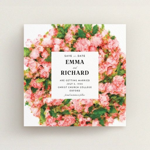 A wedding save the date design titled "Acrylic Wreath". It is a square (148mm x 148mm) save the date in a square orientation. "Acrylic Wreath" is available as a flat save the date, with tones of pink, green and white.