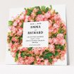 A wedding save the date design titled "Acrylic Wreath". It is a square (148mm x 148mm) save the date in a square orientation. "Acrylic Wreath" is available as a flat save the date, with tones of pink, green and white.